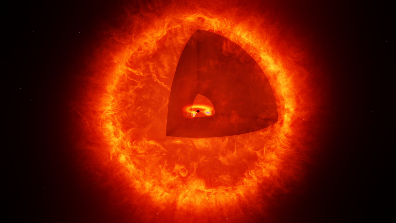 Artist’s impression of a black hole star (not to scale). The cut-out reveals the central black hole with it surrounding accretion disk. What makes this a black hole star is the surrounding envelope of turbulent gas. This configuration can explain what astronomers observe in the object they are calling “The Cliff.”