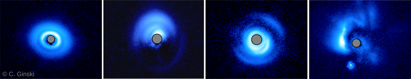 Four pictures of bright blue disks. The disks have different structures, including arcs and rings.