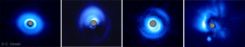 Four pictures of bright blue disks. The disks have different structures, including arcs and rings.