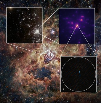 Eines der ersten Bilder, das mit VLTI/GRAVITY+ unter Verwendung von vier Lasern aufgenommen wurde. Es zeigt einen Doppelstern im zentralen Bereich des Tarantelnebels, einer Sternentstehungsregion in der Großen Magellanschen Wolke. Ursprünglich wurde vermutet, dass es sich bei dem Objekt um einen extrem massereichen Stern handelt, doch die neuen Beobachtungen zeigen jetzt, dass es ein Doppelstern ist. Dies zeigt die beeindruckenden Möglichkeitenund das wissenschaftliche Potenzial des verbesserten VLTI.Das Hintergrundbild ist eine Weitwinkelaufnahme des Tarantelnebels, die mit dem dänischen 1,5-Meter-Teleskop am La Silla-Observatorium der ESO aufgenommen wurde. Das erste kleine Bild zeigt eine Nahaufnahme des zentralen Sternhaufens, die mit dem Very Large Telescope der ESO am Paranal-Observatorium aufgenommen wurde. Anschließend sehen wir eine noch nähere Aufnahme, die mit der GRAVITY+-Akquisitionskamera gemacht wurde, und schließlich den Doppelstern selbst. Die kleine Ellipse in dieser letzten Aufnahme stellt die Auflösung von GRAVITY+ dar. erster Test für GRAVTIY+