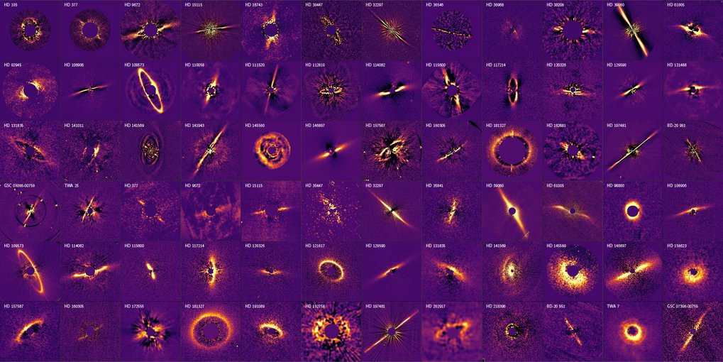 This image presents a grid of colour-enhanced astronomical observations, each depicting a circumstellar disc—structures of dust and gas surrounding stars. Every square in the grid represents a different star system, identified by catalogue names such as “HD 105”, “HD 377”, or “TWA 25”. The discs vary widely in shape, size, and orientation: some appear as well-defined rings, while others show elongated or irregular forms. The colour palette, dominated by purples and oranges, highlights brightness and contrast to reveal structural details. This visual diversity reflects different physical properties and evolutionary stages of the star systems, offering valuable insights into planetary formation and stellar development.