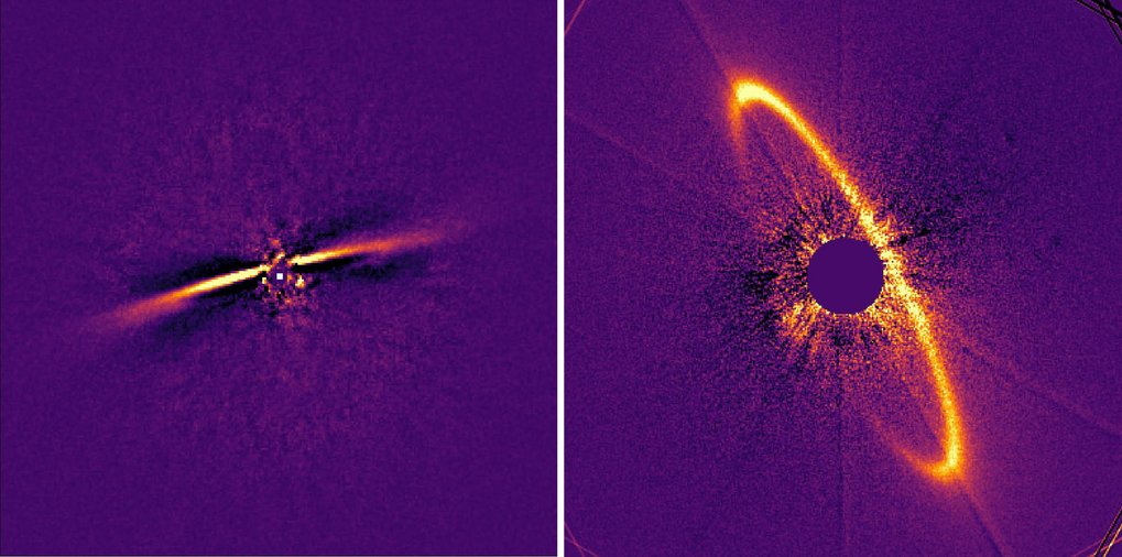 Two high-contrast astronomical images show circumstellar disks around stars.
- Left panel: A nearly edge-on disk with a bright central region and symmetrical extensions, likely a debris or protoplanetary disk.
- Right panel: A more inclined disk with a bright curved arc surrounding a dark central mask that blocks starlight to reveal surrounding material.
These visuals illustrate disk structures around stars, which are crucial for studying planet formation and stellar system dynamics.
