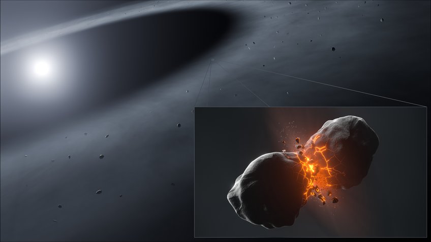 This artistic impression shows the collision of two planetesimals in the young, evolving planetary system of Fomalhaut. During such collisions, both objects can be destroyed and shattered into small fragments. These debris pieces may then impact other celestial bodies within the planetary system. Events like those observed by astronomers using the Hubble Space Telescope are thought to have occurred in a similar way in the early Solar System. Artistic depiction of a collision between two planetesimals – small celestial bodies –in the young planetary system around the star Fomalhaut. In the foreground, two dark, irregularly shaped objects crash into each other with great force. The impact site glows with bright orange cracks, and fragments of rock are ejected. In the background, a bright sun is visible, surrounded by a dusty debris disk filled with numerous small rocks. The scene illustrates a dynamic phase of planet formation, similar to what is thought to have occurred in the early Solar System.
