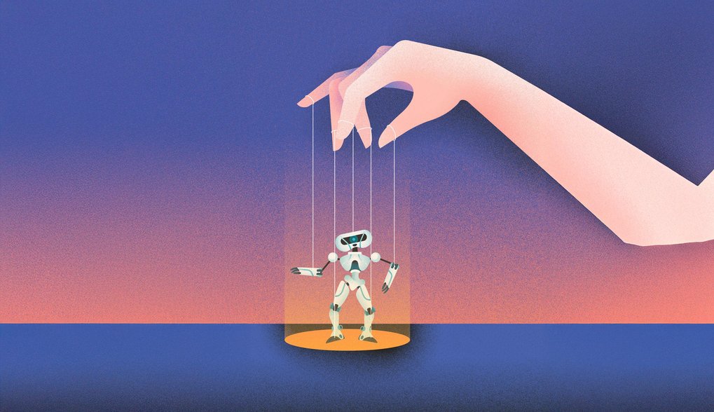 Eine Hand steuert einen Roboter wie eine Marionette vor einem farbigen Hintergrund.