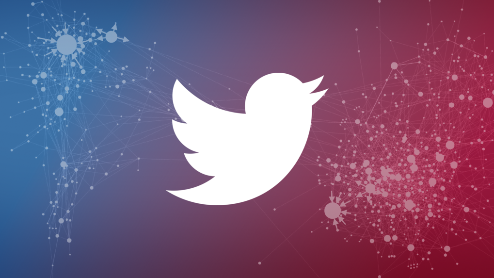 A white Twitter logo is centered on a background with blue and red network nodes, representing social media connections and interactions.