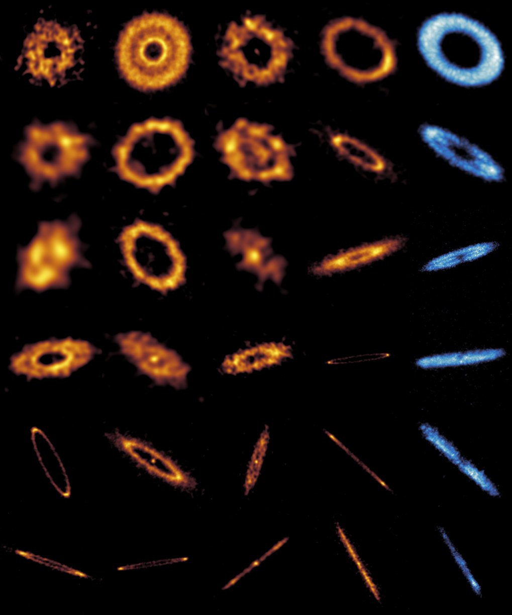 Scientific visualisation of a collection of debris discs around stars, shown in many individual views and different orientations. The image shows ring-shaped and disc-like dust structures, some seen face-on as bright rings, others tilted or edge-on as elongated, spindle-shaped features. The discs display irregular brightness patterns, gaps, and asymmetric concentrations, indicating dust and rocky debris in orbit. Colours range from yellow and orange to blue, representing different visualisation methods or physical properties. All objects are arranged in a regular grid on a black background.