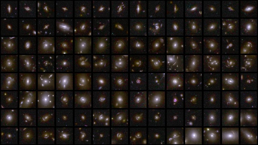 This image shows examples of gravitational lenses that Euclid captured in its first observations of the Deep Field areas. A scientific collage consisting of 112 square individual images from the Euclid space telescope, arranged in a grid of 8 rows and 14 columns on a black background. Each square features a different strong gravitational lens in the distant universe. At the center of almost every image is a bright, mostly yellowish-white foreground galaxy. Distinctive features of spacetime warping are visible around these central galaxies: light from even more distant background galaxies appears as glowing blue arcs, thread-like structures, or nearly complete circles known as Einstein rings. Some images also show point-like multiple images of the same background galaxy arranged symmetrically around the center. The details are extremely sharp, with additional tiny, distant galaxies and stars visible as faint points of light in the background of each square.