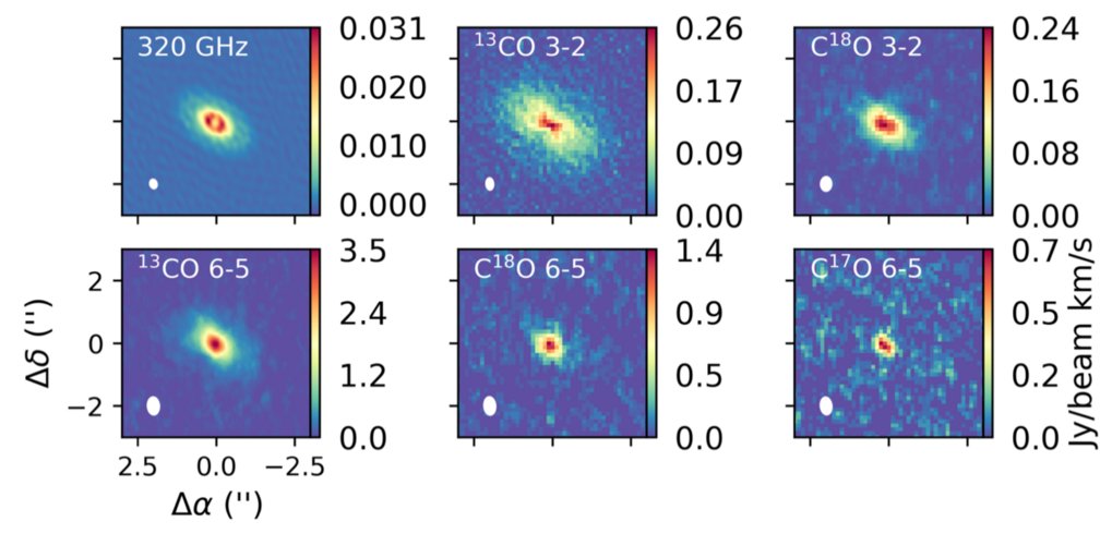 ALMA observations of the protoplanetary disk GM Aurigae seen in dust continuum as well as spectral line observations of five different transitions of CO. See Schwarz et al. 2021.
