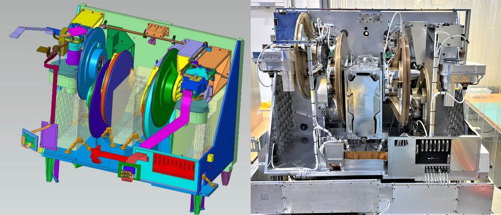 Left: Final design of the Imager sub-system: Both cameras for LM- and N-band include three wheel mechanisms with different filters and coronagraphic masks, the camera optics and the detectors, each. In addition the collimator is included inside the Imager." Right:&nbsp;Imager partially assmebled inside the integration hall.