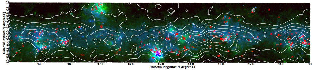 3-color image taken from Tackenberg et al. (2012). Red ATLASGAL, green 24μm, blue 8μm. Contours display CO emission from Dame et al. 2001)