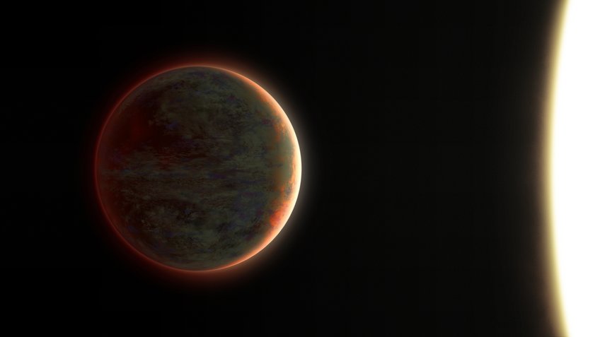 Künstlerische Darstellung des Exoplaneten WASP-121 b. Er gehört zur Klasse der heißen Jupiter. Aufgrund der Nähe zu seinem Zentralstern ist die Rotation des Planeten an seinen Umlauf um den Stern gebunden (gebundene Rotation). Infolgedessen ist eine der Hemisphären von WASP-121 b immer dem Stern zugewandt und heizt sich auf Temperaturen von bis zu 2500 Grad Celsius auf. Die Nachtseite ist ständig dem kalten Weltraum zugewandt, weshalb es dort um 1775 Grad Celsius kühler ist. Eine künstlerische Darstellung eines Exoplaneten im Weltraum vor einem schwarzen, schwach mit Sternen übersäten Hintergrund. Der Planet befindet sich auf der linken Seite des Bildes und weist eine strukturierte, dunkel grünlich-braune Oberfläche mit wolkenartigen Mustern auf. Seine rechte Hemisphäre wird von einem nahen Stern beleuchtet, dessen intensiv leuchtender weißer und gelber Rand ganz rechts zu sehen ist. Die Terminatorlinie des Planeten leuchtet in einem rötlich-orangefarbenen Ton, der durch die Streuung in der Atmosphäre verursacht wird.