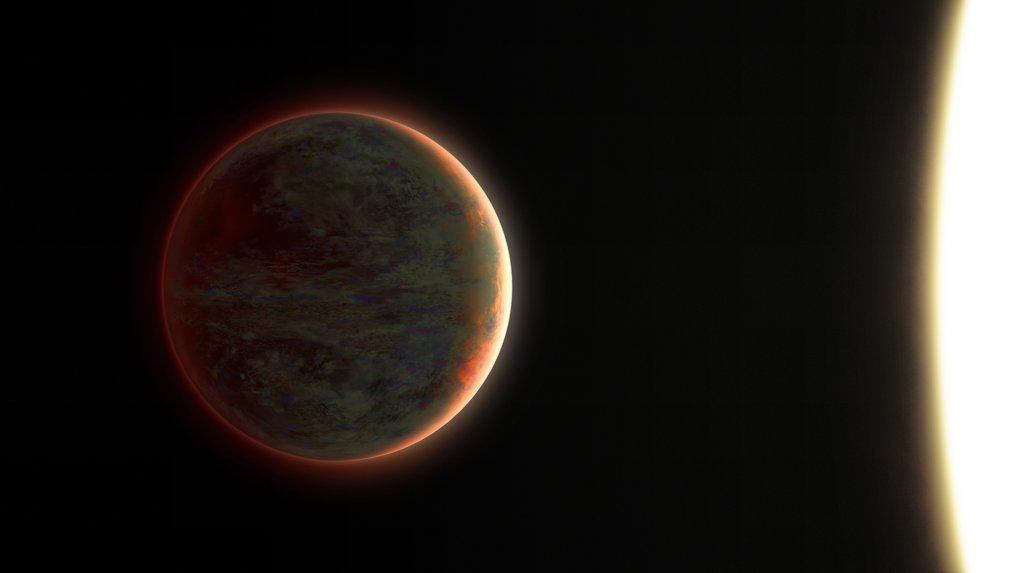 An artistic depiction of an exoplanet in space against a black, sparsely starred background. The planet is positioned on the left side of the frame, featuring a textured, dark greenish-brown surface with cloud-like patterns. Its right hemisphere is illuminated by a nearby star, whose intensely bright white and yellow edge is visible on the far right. The planet's terminator line glows with a reddish-orange hue, caused by atmospheric scattering.