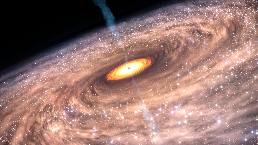 Darstellung einer aktiven Galaxie mit einem hellen, gelb-orangen Zentralbereich, umgeben von einer spiralförmigen Staub- und Gaswolke, aus deren Zentrum zwei schmale Strahlen austreten.