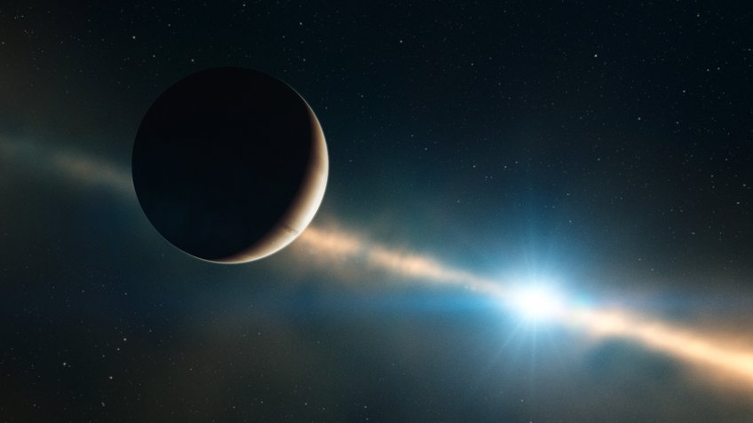 Künstlerische Darstellung von Beta Pic b im Beta-Pic-Planetensystem. Im Zentrum steht eine künstlerische Darstellung des Exoplaneten Beta Pic b, der als dunkle Kugel mit beleuchtetem Rand vor einem hellen, leuchtenden Stern zu sehen ist. Eine breite, helle Staubscheibe zieht sich waagerecht durch das Bild und hebt sich kontrastreich vom dunklen Hintergrund des Weltalls ab. Die Lichtquelle auf der rechten Seite erzeugt einen intensiven Schein, der die Staubscheibe und den Planeten teilweise überstrahlt. Die Szene vermittelt den Eindruck von Tiefe und Weite im All.