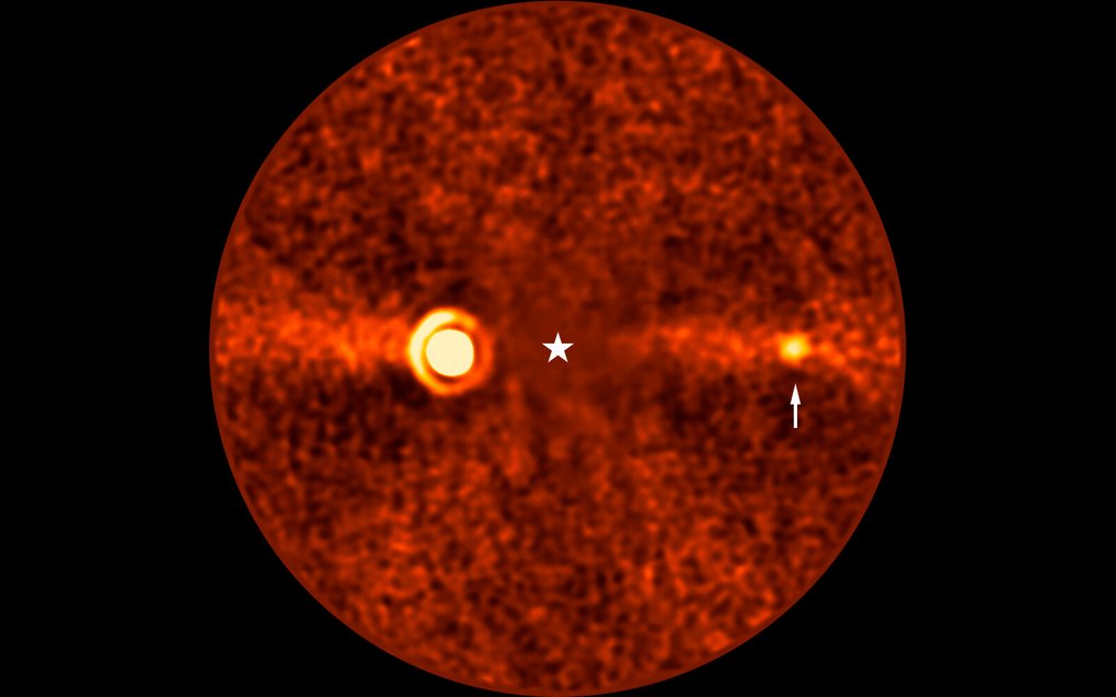 Circular, reddish astronomical image with a grainy texture. At the centre, a white star symbol marks the location of Beta Pictoris, which is not visible in this picture. To the left of centre, a prominent, bright area with concentric rings represents the exoplanet Beta Pictoris b. A horizontal bright band stretches across the image, depicting the debris disk around the star. To the right of centre, a small bright spot, highlighted by a white arrow, marks another exoplanet, Beta Pictoris d.