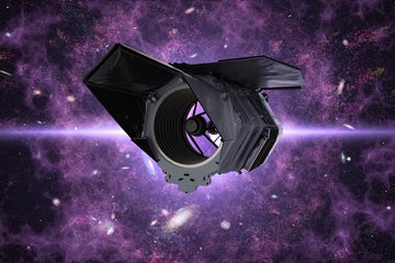 The Roman space telescope is positioned in the foreground against a backdrop of glowing purple nebulae and numerous galaxies. The telescope features a dark, angular structure with a large central mirror and several rectangular components. The scene conveys a sense of depth and vastness in space.