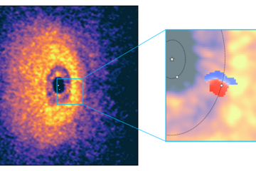 False-color image of a protoplanetary disk around a star, showing a bright, ring-shaped region with a dark center. On the right, a magnified section highlights details in different colors, mainly blue and red. The visualization emphasizes structures that indicate the formation of exoplanets. Overlaid markings and lines suggest areas of scientific analysis.