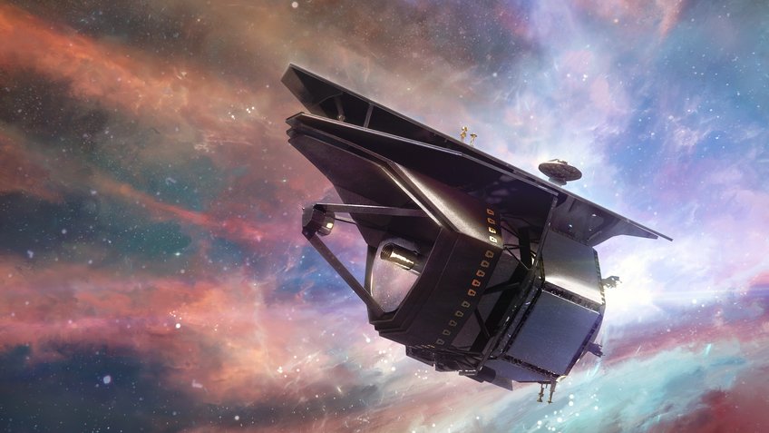 Künstlerische Darstellung des Weltraumteleskops PRIMA. PRIMA wird als Weltraumteleskop der NASA mit einem aktiv gekühlten 1,8-Meter-Primärspiegel aus Aluminium und zwei wissenschaftlichen Instrumenten entwickelt. Im Vordergrund schwebt ein großes, futuristisches Teleskop mit mehreren rechteckigen und trapezförmigen Elementen vor einer farbenfrohen, wolkigen Weltraumkulisse. Das Gerät ist dunkel und reflektiert Licht, mit sichtbaren technischen Details wie Antennen und Sensoren. Im Hintergrund sind leuchtende Gaswolken und Sterne zu sehen, die den Eindruck einer kosmischen Umgebung vermitteln.