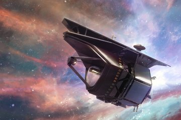 Im Vordergrund schwebt ein großes, futuristisches Teleskop mit mehreren rechteckigen und trapezförmigen Elementen vor einer farbenfrohen, wolkigen Weltraumkulisse. Das Gerät ist dunkel und reflektiert Licht, mit sichtbaren technischen Details wie Antennen und Sensoren. Im Hintergrund sind leuchtende Gaswolken und Sterne zu sehen, die den Eindruck einer kosmischen Umgebung vermitteln.