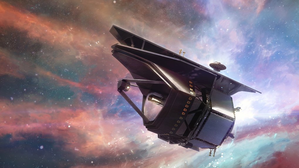 A large, futuristic telescope with multiple rectangular and trapezoidal components floats in the foreground against a colorful, cloud-like space backdrop. The device is dark and reflective, featuring visible technical details such as antennas and sensors. Bright nebula clouds and stars fill the background, creating a cosmic setting.